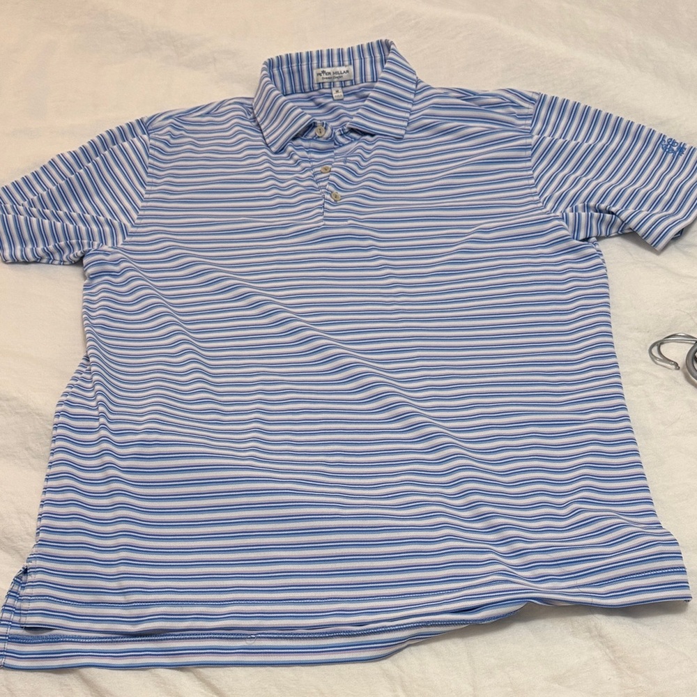 Peter Millar Light Blue & White Striped Performance Polo